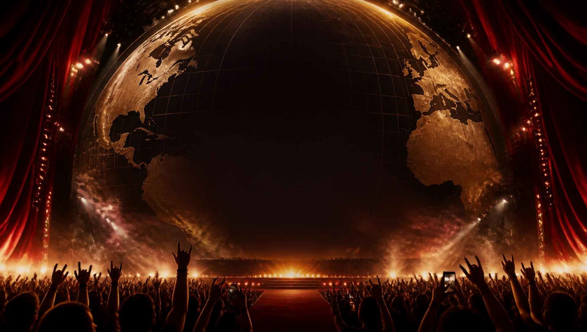 Mundo gigante iluminado sobre una audiencia de concierto